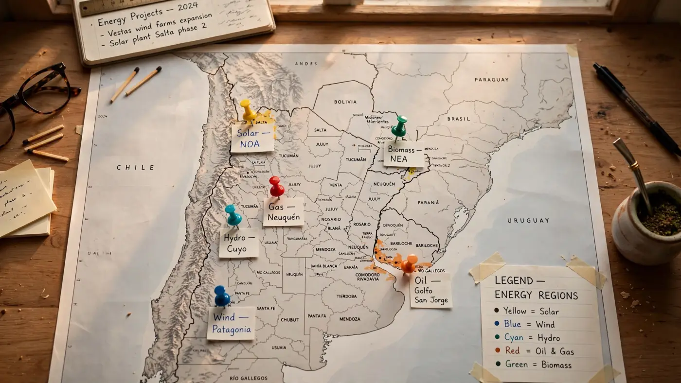 Mapa de Argentina impreso en papel con marcadores sobre regiones energéticas clave