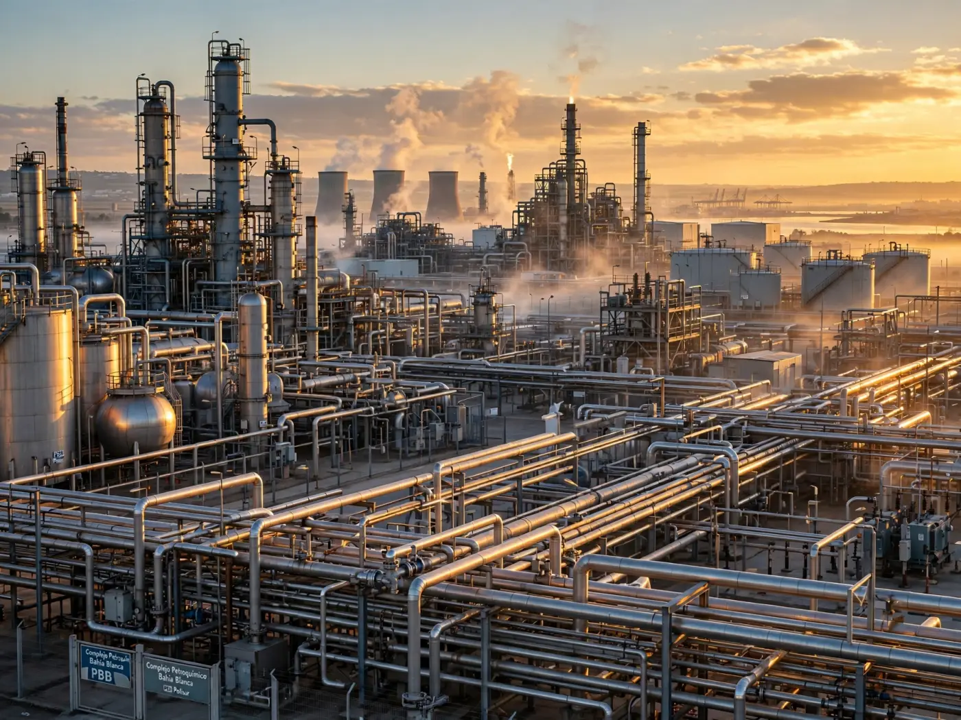 Complejo petroquímico de Bahía Blanca al amanecer